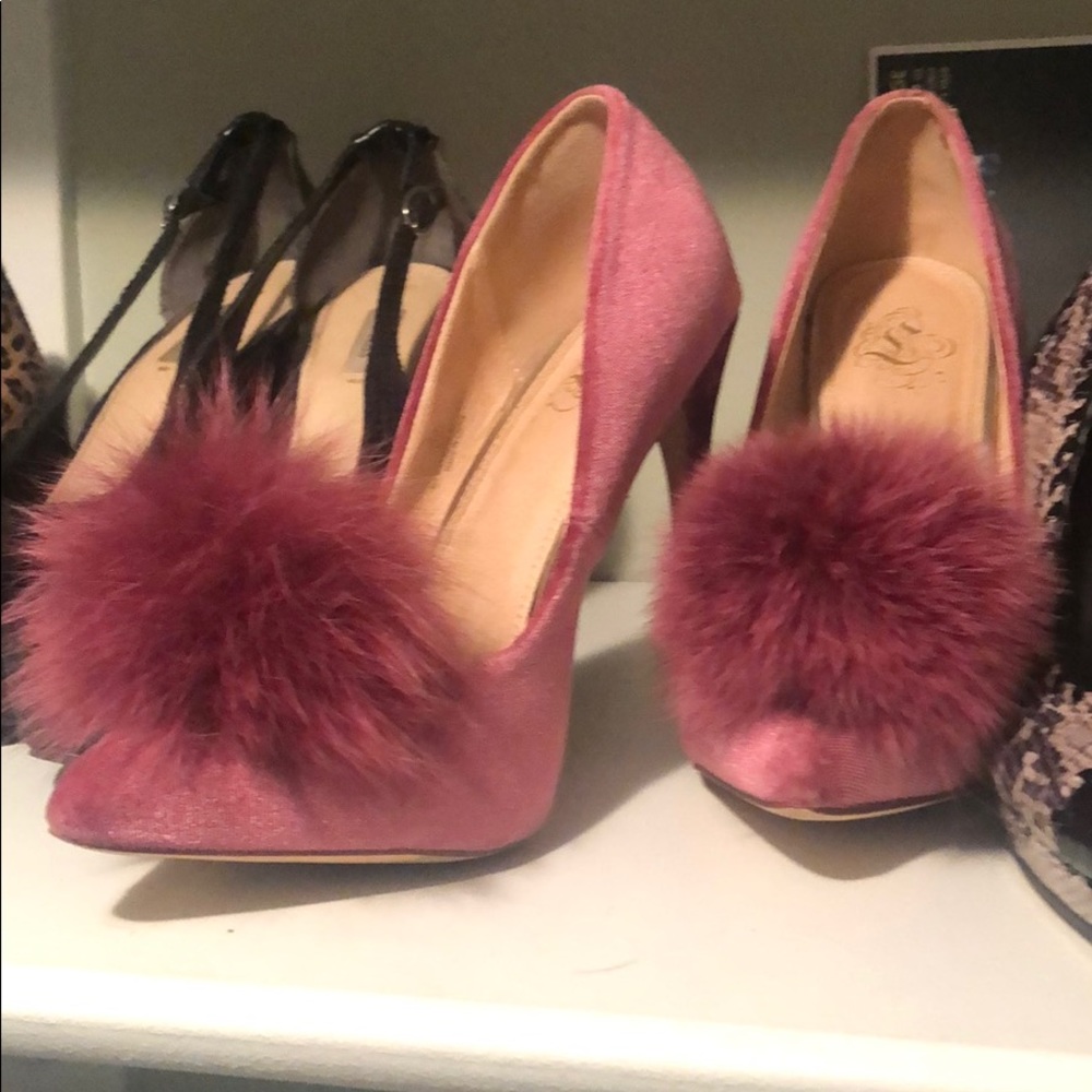 Fuchsia Pom Pom velvet look/feel  stilettos